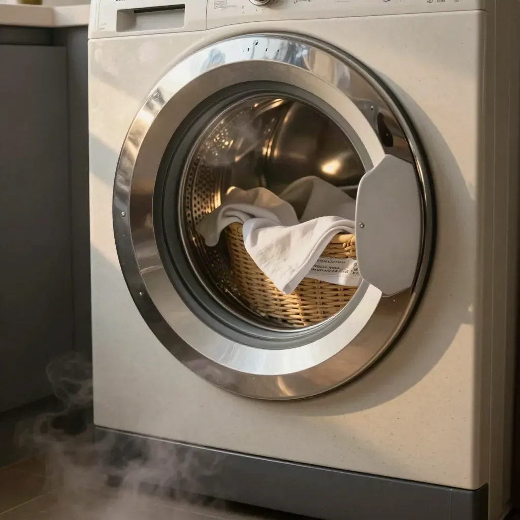 Wasmachine in donkere studio met linnen mand, opgevouwen shirts en chromen pedaalemmer.
