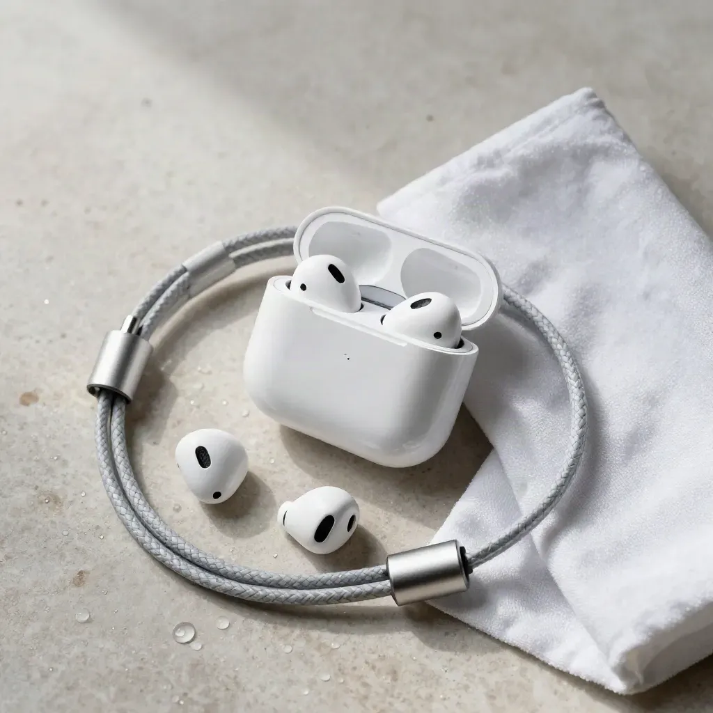 AirPods 4 in open case met gevlochten kabel en opgevouwen doek op licht natuursteen.