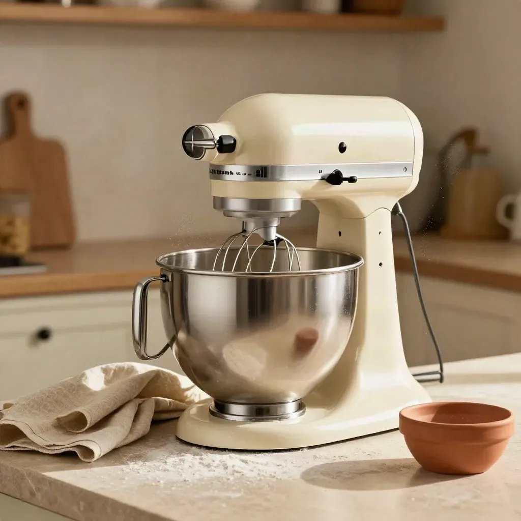 Keukenmixer met RVS kom, garde, linnen doek en bloem op een stenen blad.
