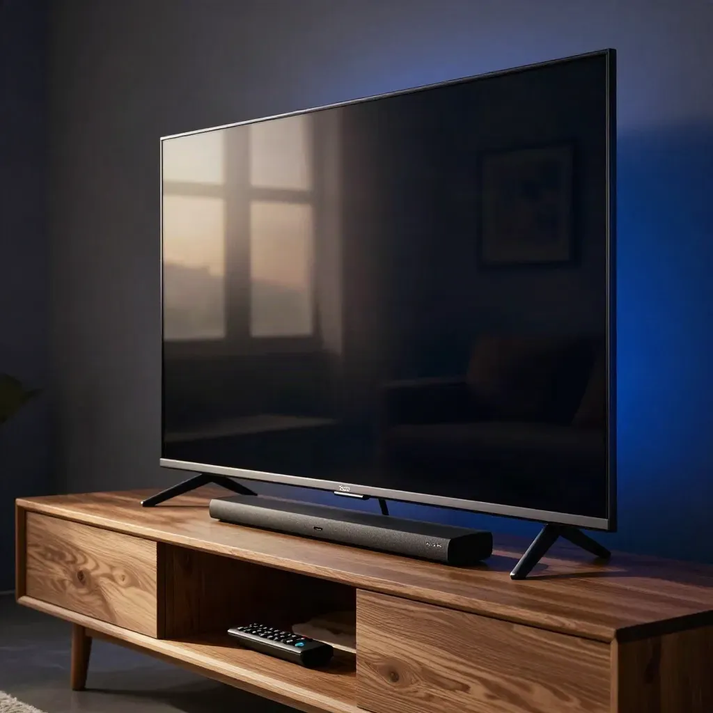 QLED-tv op eiken console met soundbar en omgekeerde afstandsbediening in een donkere studio