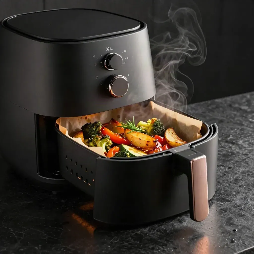 Open airfryer met geroosterde groenten en kruiden op donkere steen