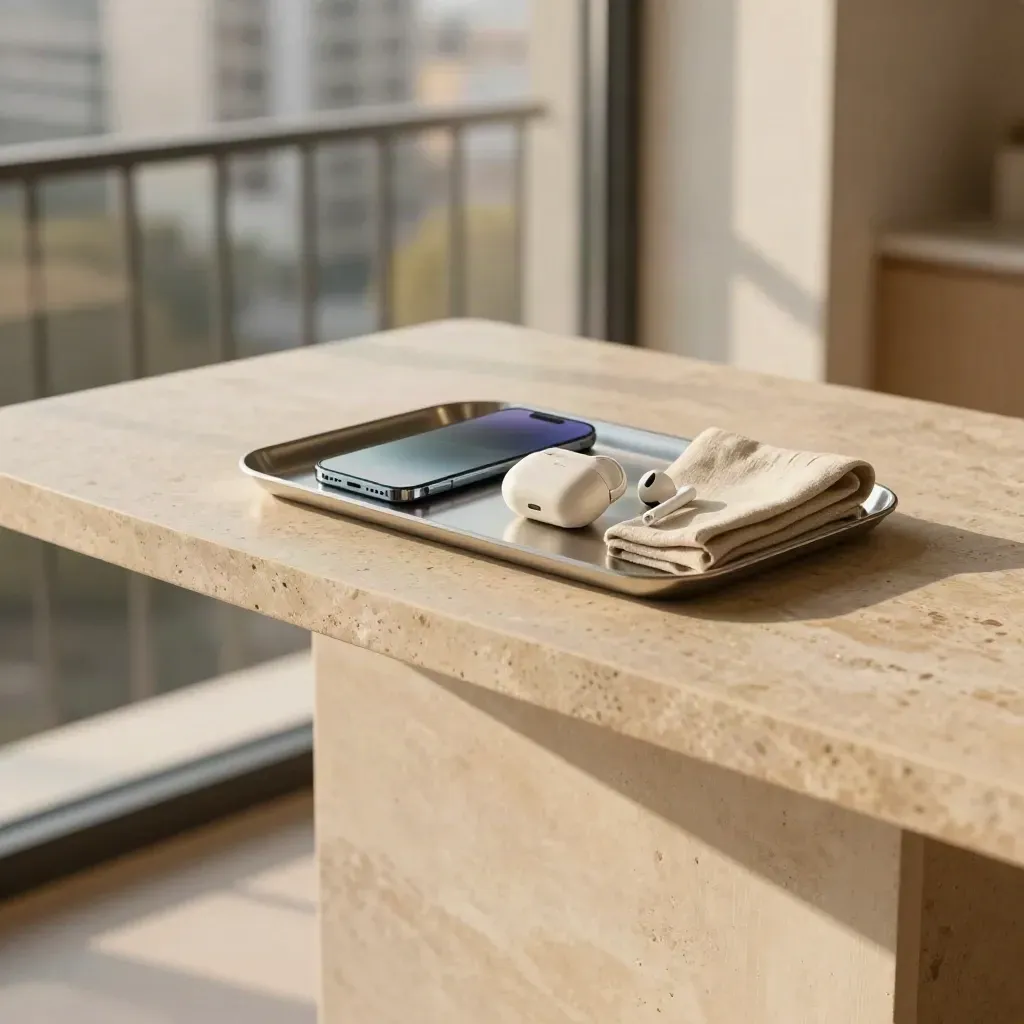 Travertijnen haltafel met smartphone, oordopjes en tray in zacht zonlicht bij een balkonraam