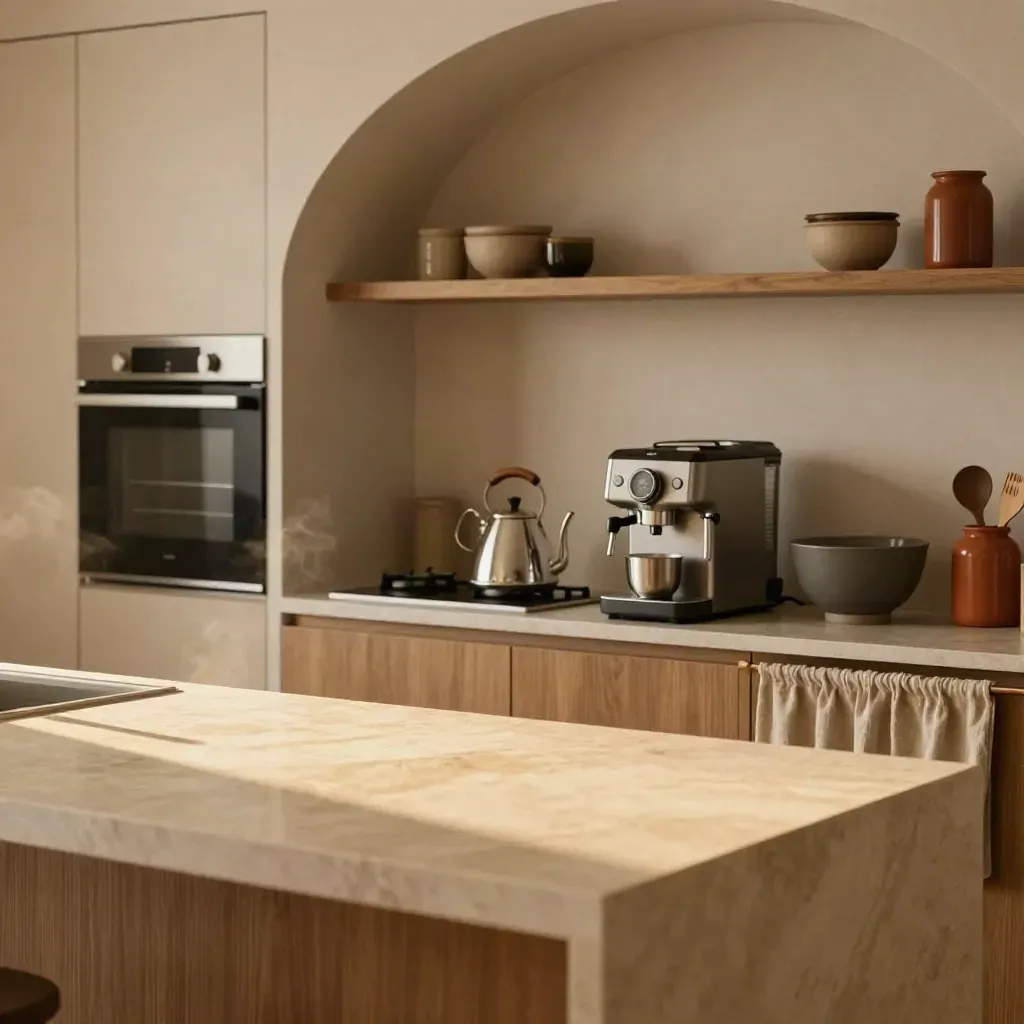 Warme keuken met marmeren eiland, keukenapparaten en zachte linnen details in zonlicht.