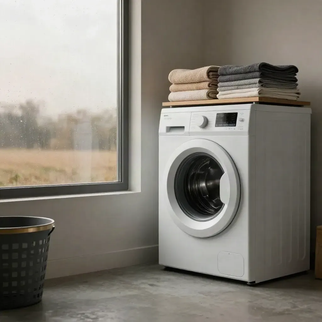 Donkere utility room met wasmachine, gestapelde handdoeken en regen op het raam.