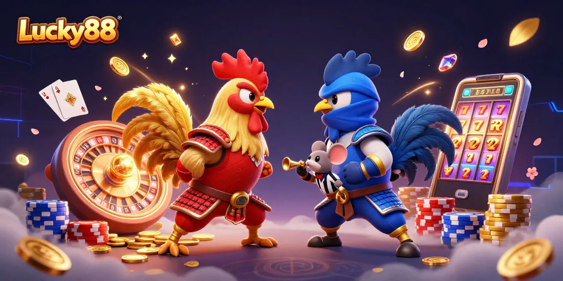 Experience the thrill of Lucky88 with dynamic fighting roosters and casino elements in this action-packed scene.