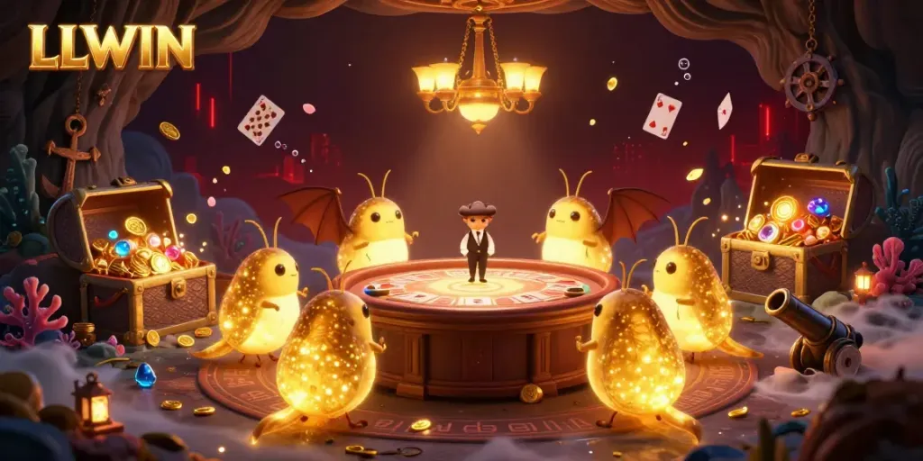 Experience the enchanting glow of LLWIN in a vibrant 3D casino scene with bioluminescent glowworms illuminating the games.