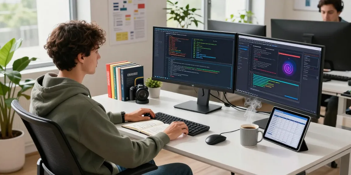 Build internal tools with AI in a modern tech workspace featuring a developer at a standing desk, multiple monitors, and vibrant office decor.