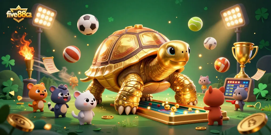 Play with excitement at five88ca's dynamic casino games featuring a vibrant scene with sports balls and golden elements.