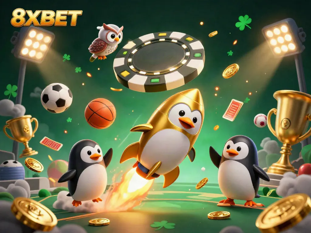 Experience thrilling moments at 8XBET with a golden penguin racing towards a vibrant casino universe.