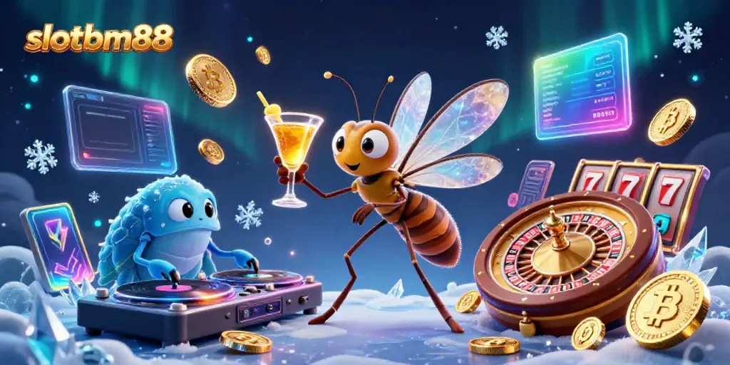 Experience the thrill of slotbm88 with a vibrant casino-themed scene featuring animated characters and cryptocurrency elements.