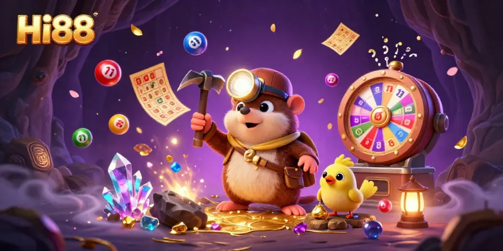 Engage with Hi88 in this dynamic scene featuring a treasure hunter mole and vibrant gambling elements.