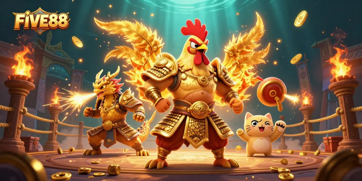 Engage in epic gaming at FIVE88 with a roaring rooster warrior and sparks flying in a vibrant casino scene.
