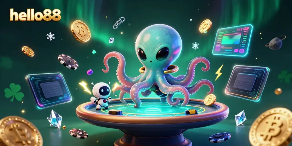 Experience thrilling gameplay at hello88 with an alien octopus promoting a holographic poker table.