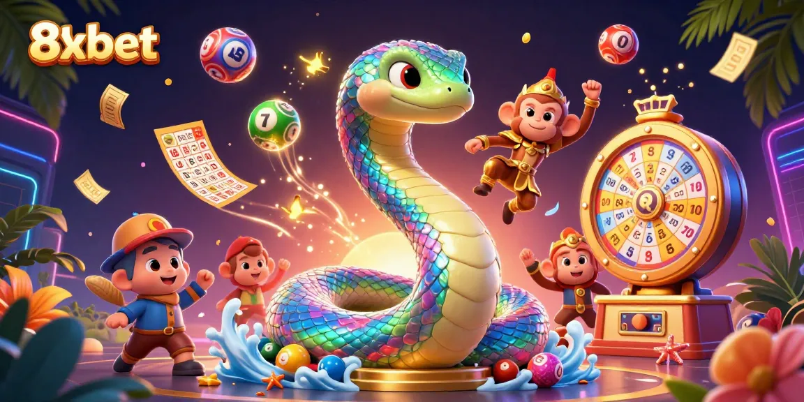 Experience the vibrant world of 8xbet with a dazzling rainbow serpent amidst lottery fun.