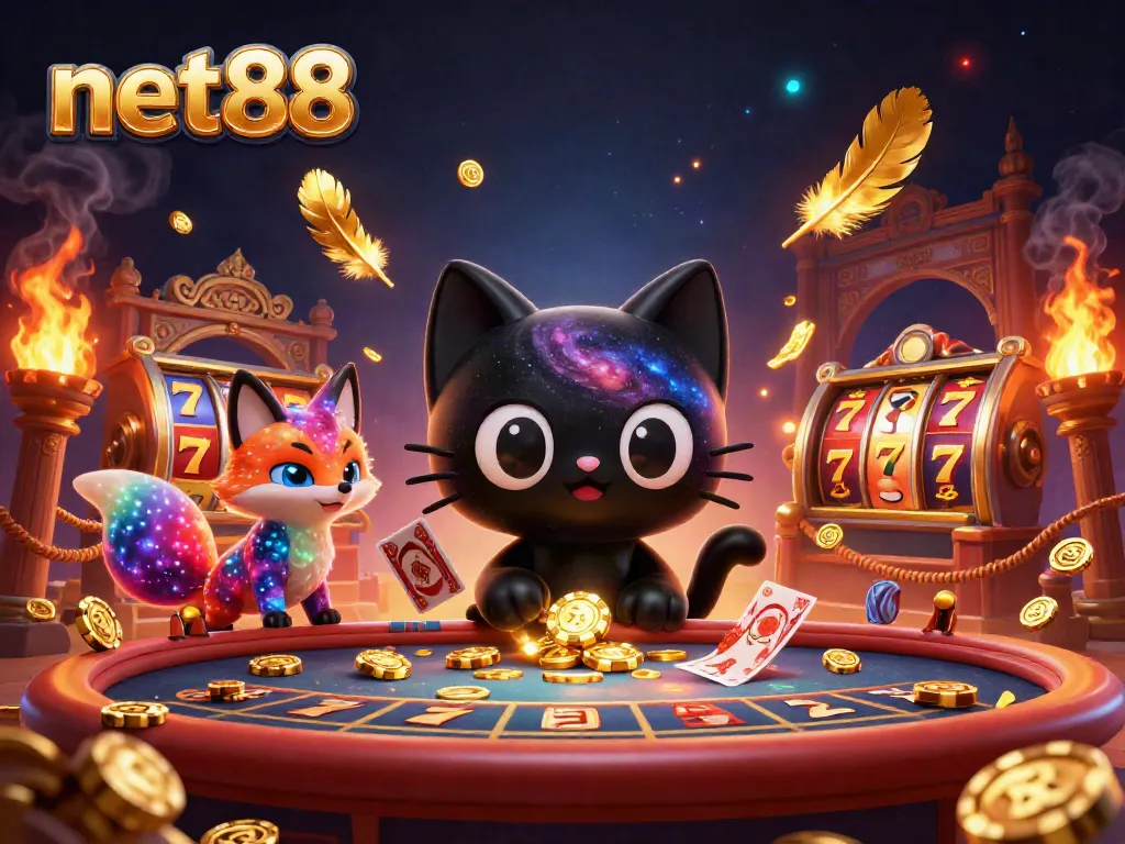 Engage with net88, where a cosmic cat attracts golden chips in an action-filled casino