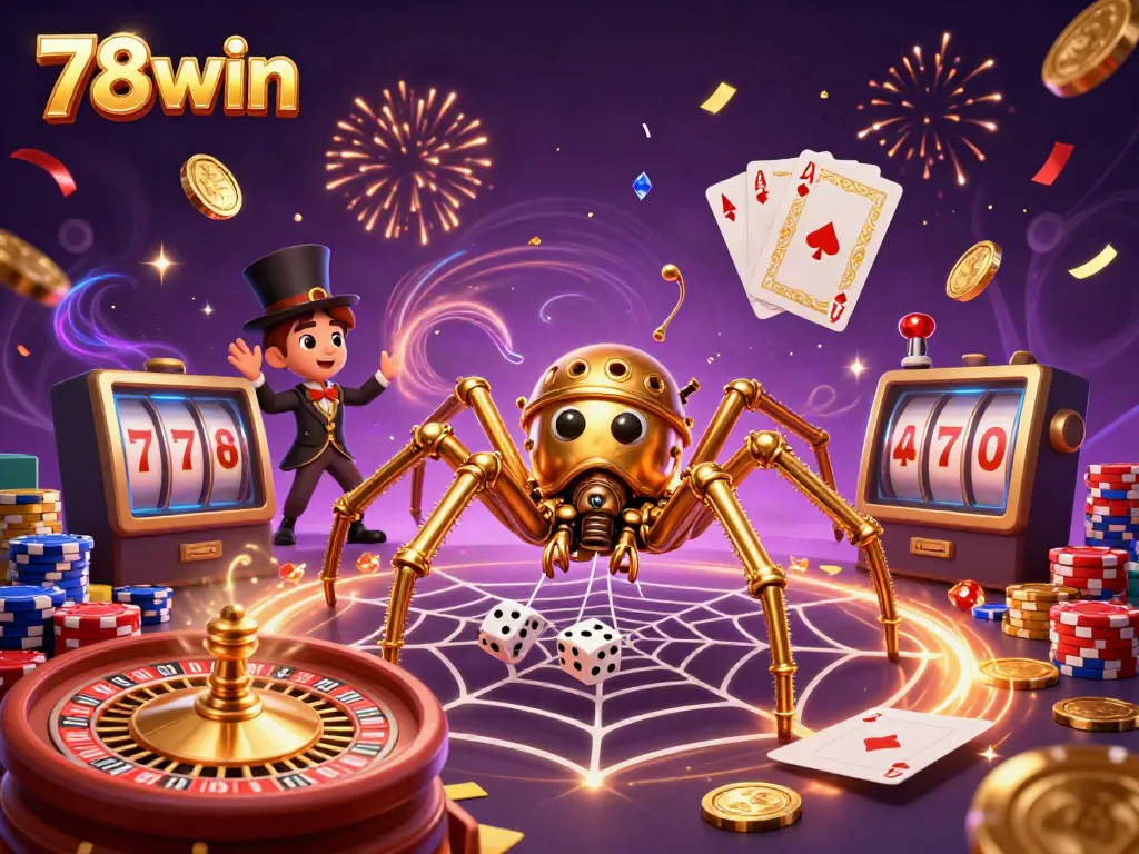 Experience the excitement of 78win with dynamic casino elements, including a steampunk spider and a charming fly gentleman.