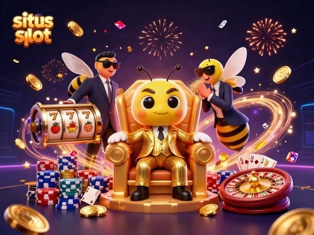 Experience the excitement at situs slot with vibrant slot reels, golden coins, and dynamic characters in a casino atmosphere.