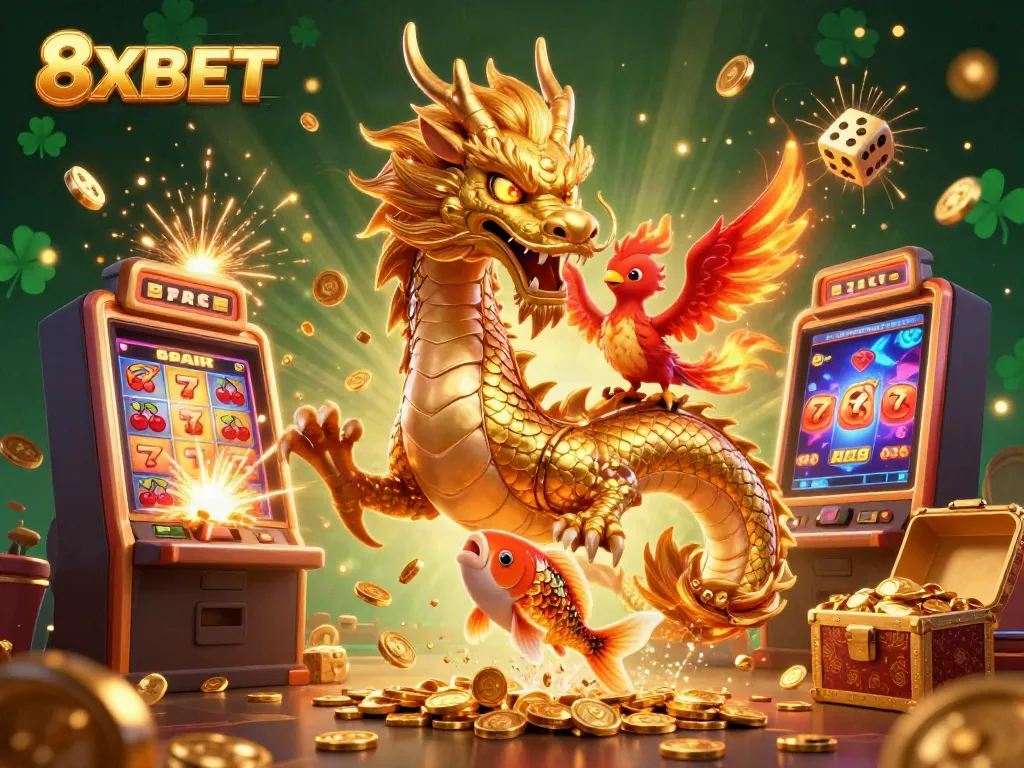 Experience amazing wins at 8XBET with vibrant casino illustrations of jackpots and bonuses.