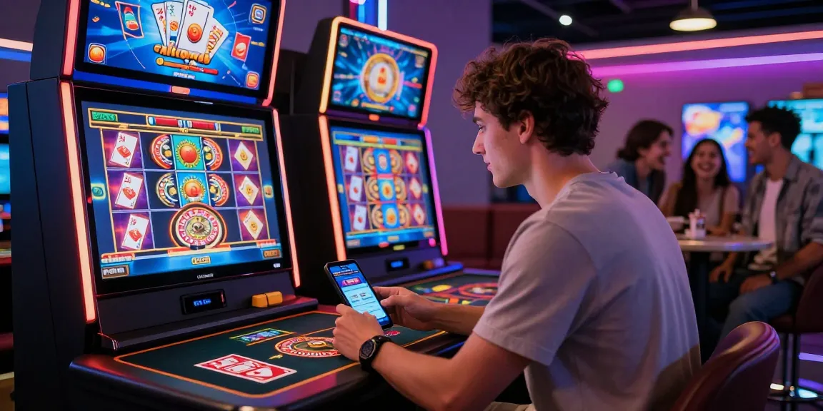 Exciting scene of a player engaging with the KO66 app in a vibrant casino setting, featuring gaming elements and social interactions.