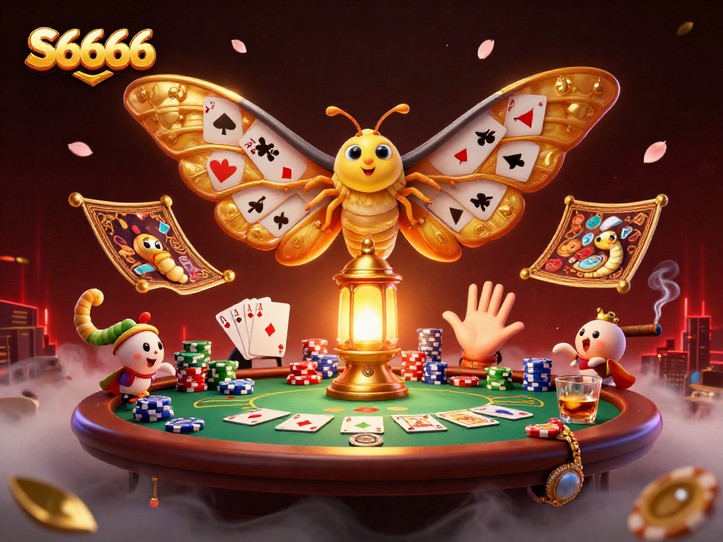 S6666 captures a vibrant casino scene with a 3D atlas moth, poker chips, and rich game elements.