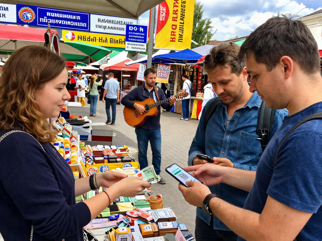 Reizigers die in een levendige Russische markt betalen met hun smartphone via https://payinrussia.com/ voor lokale producten.