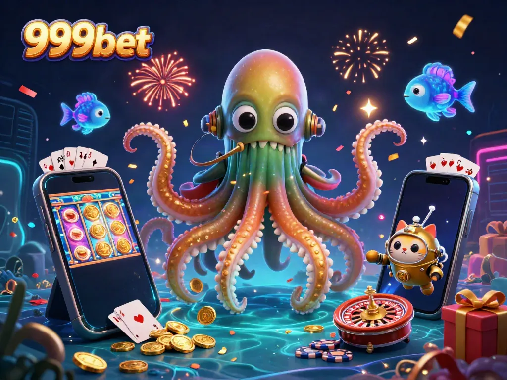 Explore the vibrant world of 999bet as the kraken and diver engage in a treasure-filled ocean surrounded by gambling elements.