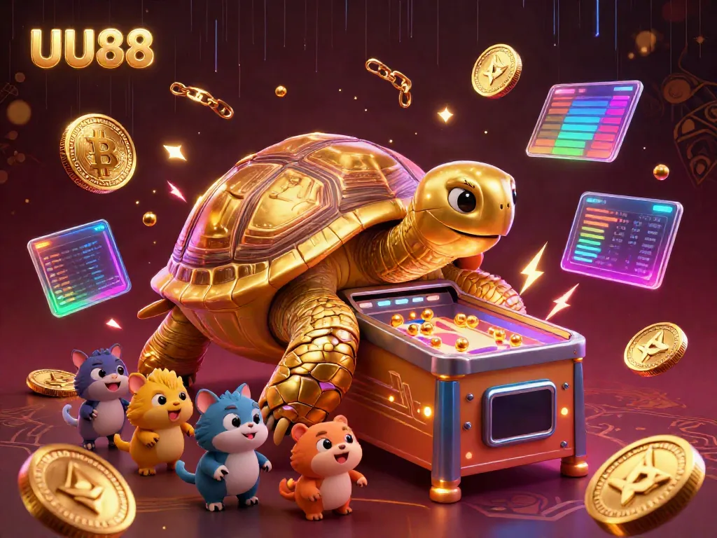 Experience thrilling gameplay and excitement with UU88 featuring a cartoon tortoise pinball machine amidst vibrant crypto elements.