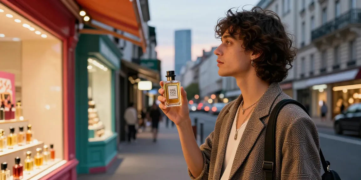 Stijlvol persoon met Paris Corner parfum terwijl ze de stad bewondert.