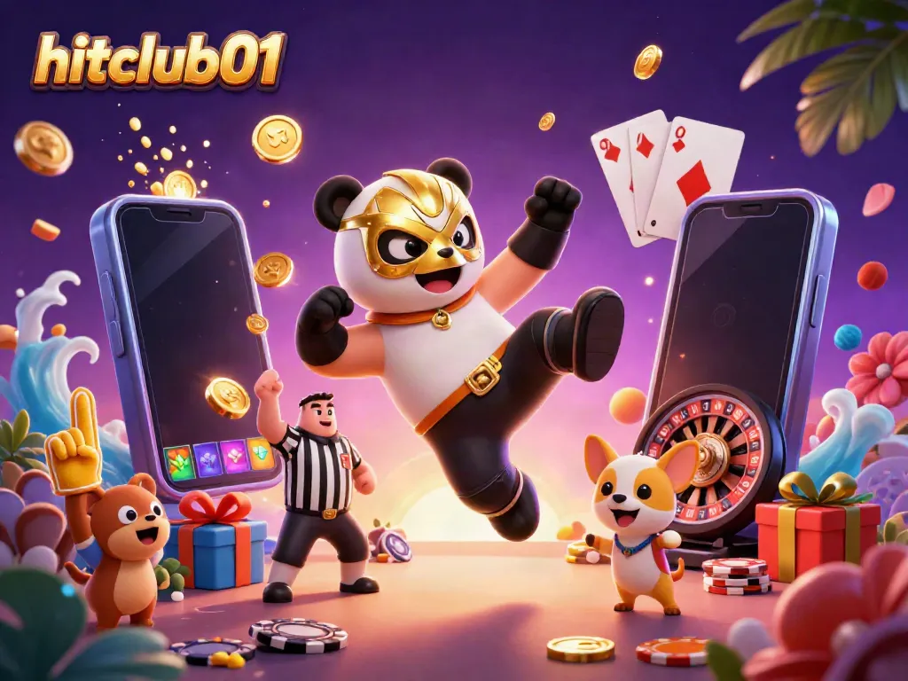 Experience the excitement of hitclub01 with a dynamic scene featuring a panda wrestler, a counting referee chihuahua, and vibrant casino games.