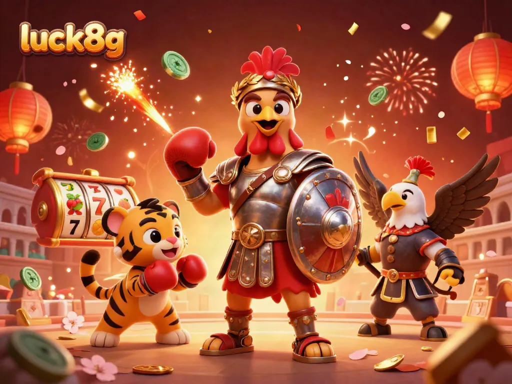 Experience excitement with luck8g as a gladiator rooster and tiger cub join the casino celebration.