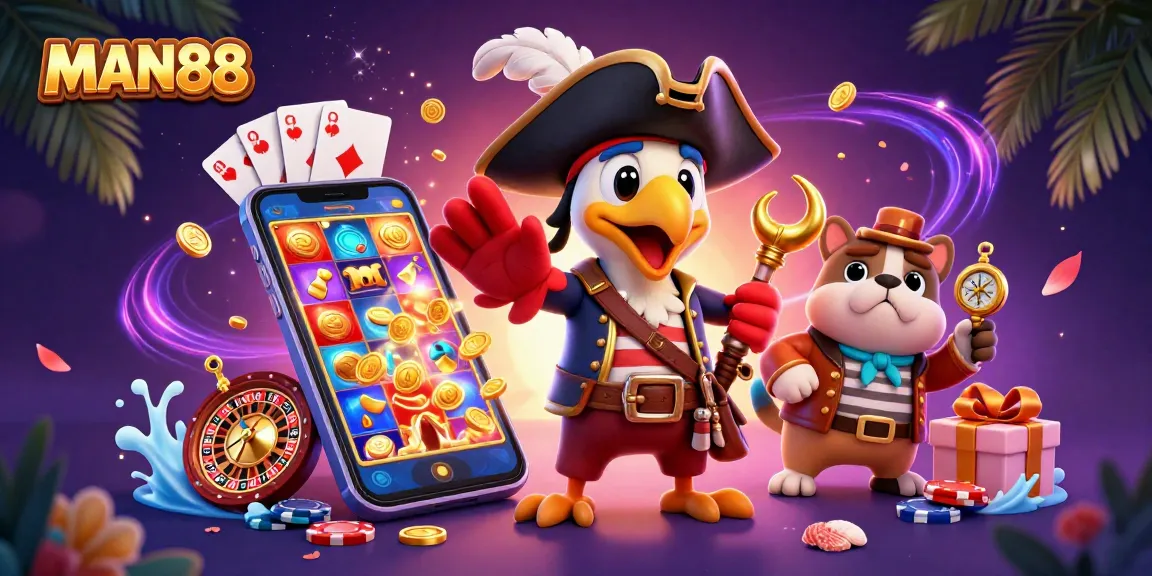 MAN88 engages players with a colorful slot game scene featuring vibrant characters and dynamic action.