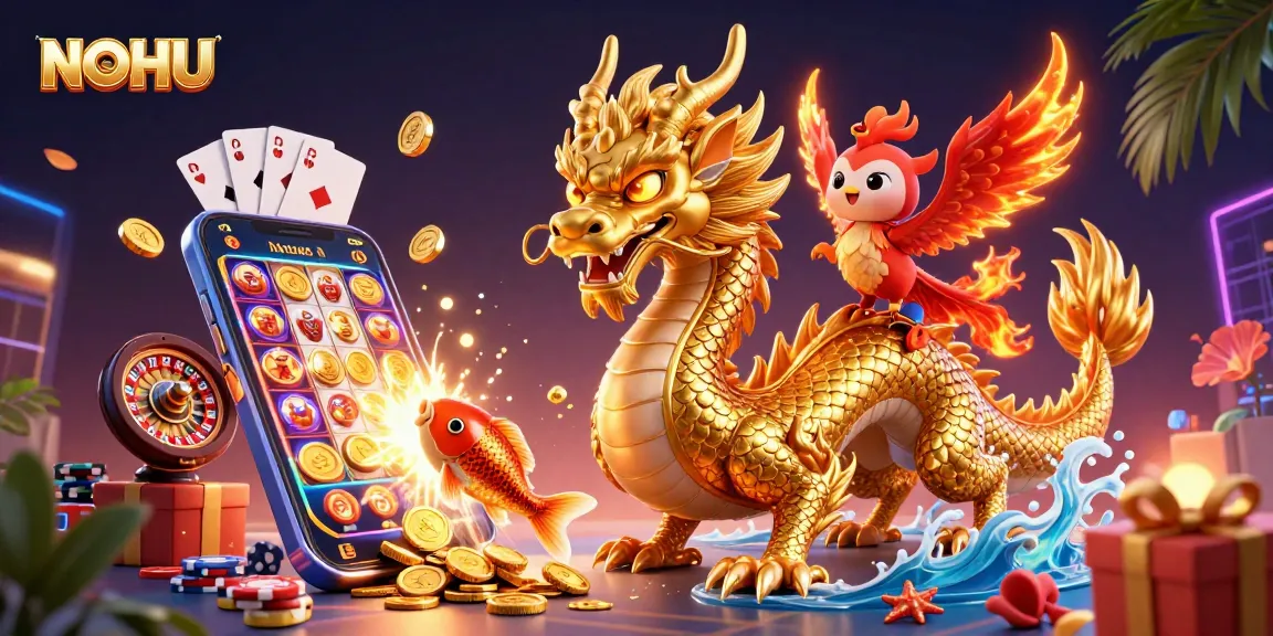 Play slots with NOHU featuring a golden dragon, phoenix, and koi fish in a vibrant casino scene.