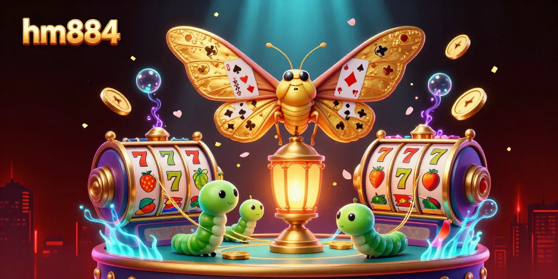Experience vibrant casino action with hm884 featuring a cartoon atlas moth, slot reels, and vibrant decorations.