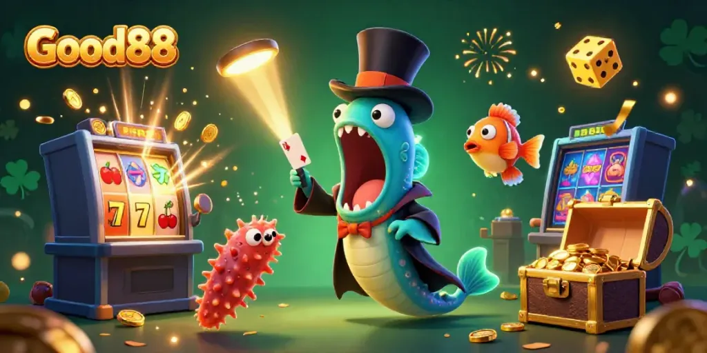 Visualize Good88 gaming with a gulper eel magician, anglerfish highlighting action, and scenes of vibrant casino excitement.