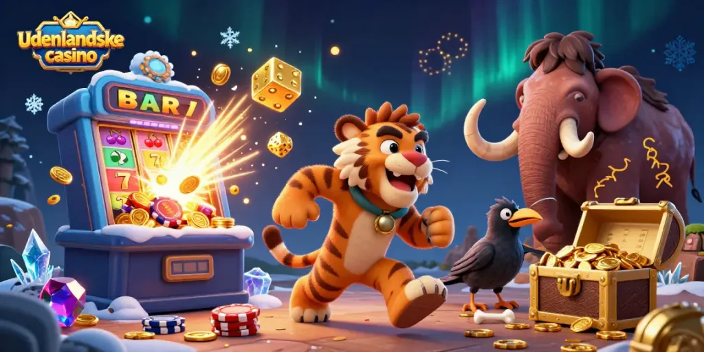 Experience the excitement of udenlandske casino with a vibrant, dynamic 3D scene of playful cavemen and a tiger.