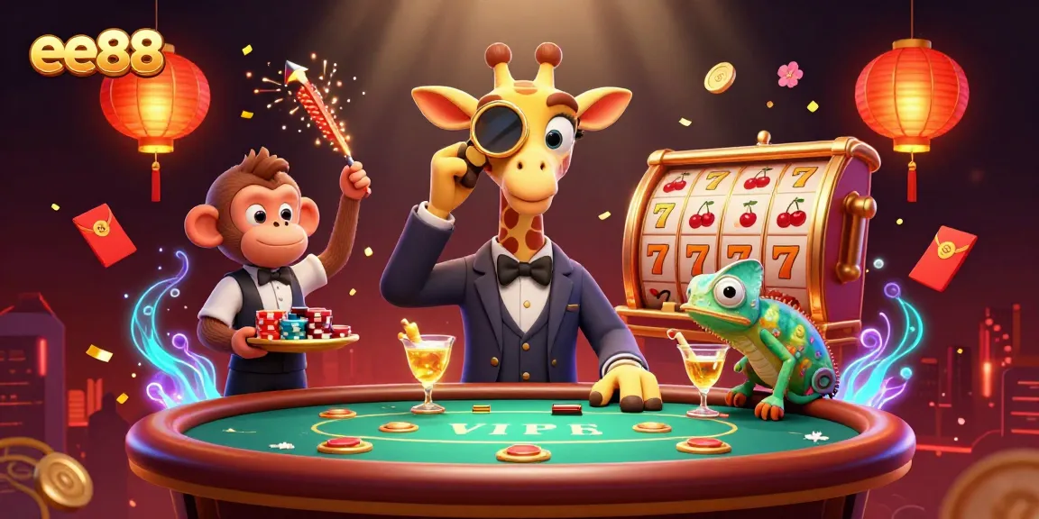 Experience the thrill at ee88 with a high-roller giraffe at the VIP poker table surrounded by vibrant slot game elements.