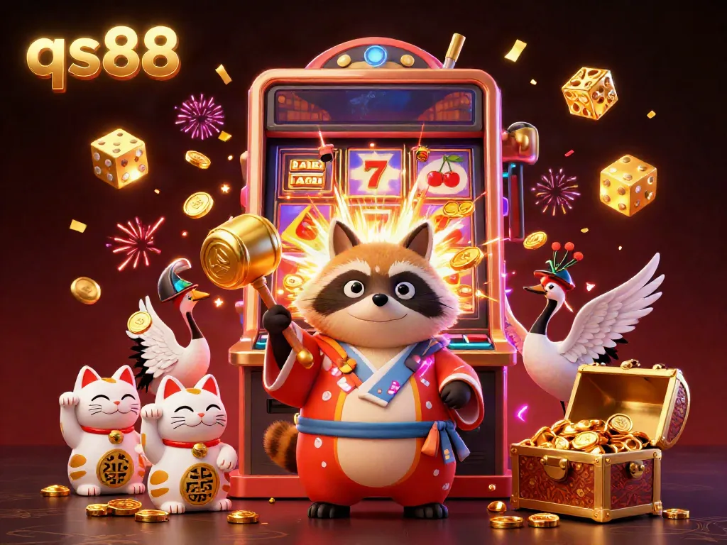 Engage with qs88's vibrant casino atmosphere featuring a cheerful tanuki, maneki-neko cats, and a jackpot explosion.