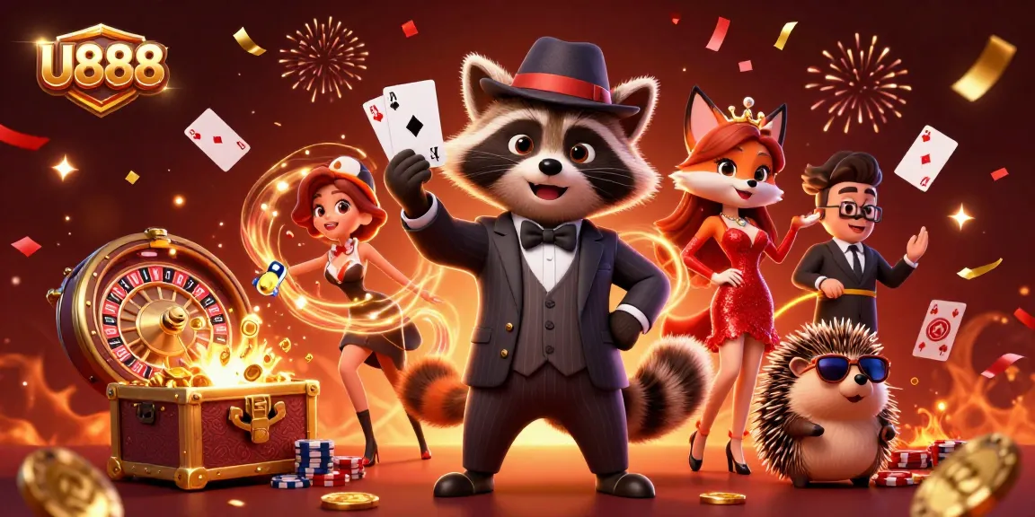 U888 showcases an exciting casino scene with a suave raccoon and his charming companions enjoying poker.