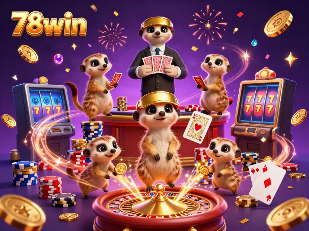 Experience the excitement of 78win with meerkats operating a lively casino scene, filled with cascading coins and games.