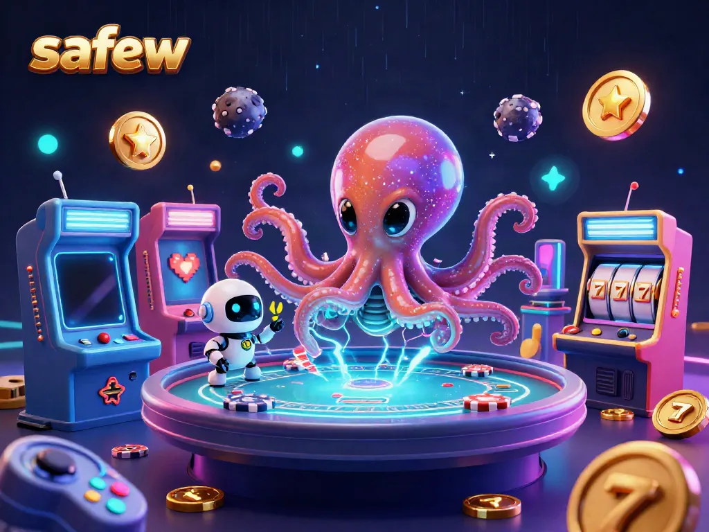 Engage with safew's secure communications through a vibrant casino-themed digital illustration featuring an octopus-themed poker game.
