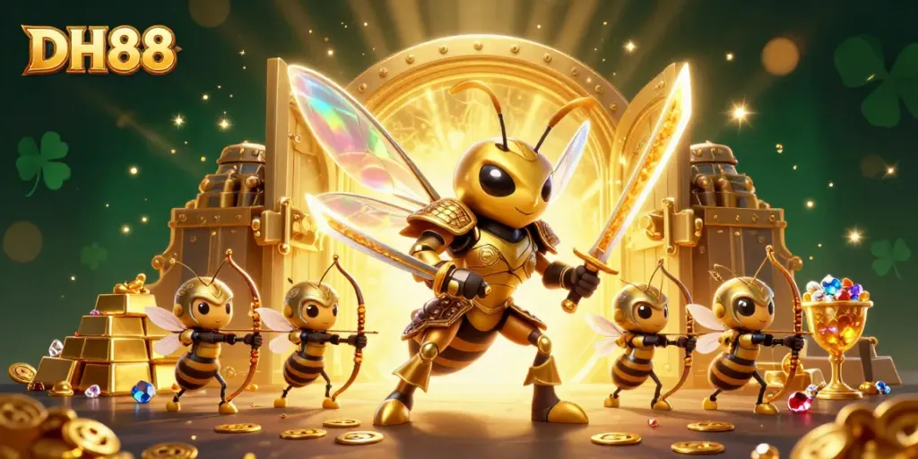 Experience thrilling wins at DH88 with a dynamic illustration of golden hornet samurai amidst treasure and casino elements.