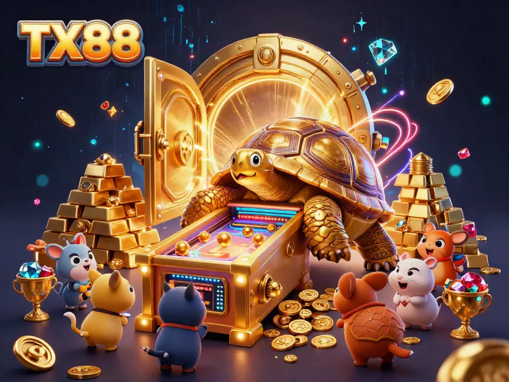 Experience the excitement of TX88 with a towering golden tortoise pinball machine and treasure-rich background.