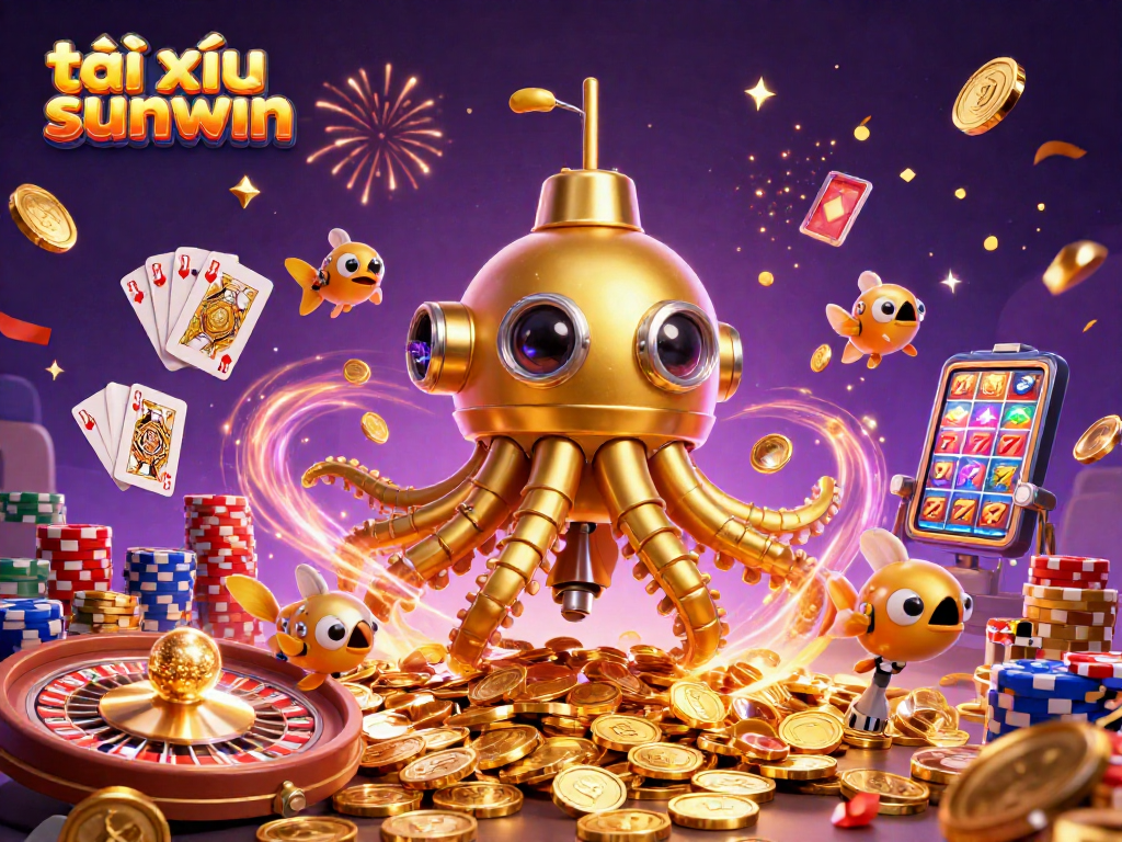 Experience the thrill of tài xỉu sunwin with captivating golden kraken and treasure elements in a vibrant casino illustration.