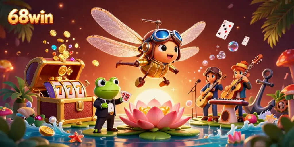 Experience thrilling 68win gameplay in an ultra-detailed 3D casino scene with unique characters and vibrant elements.