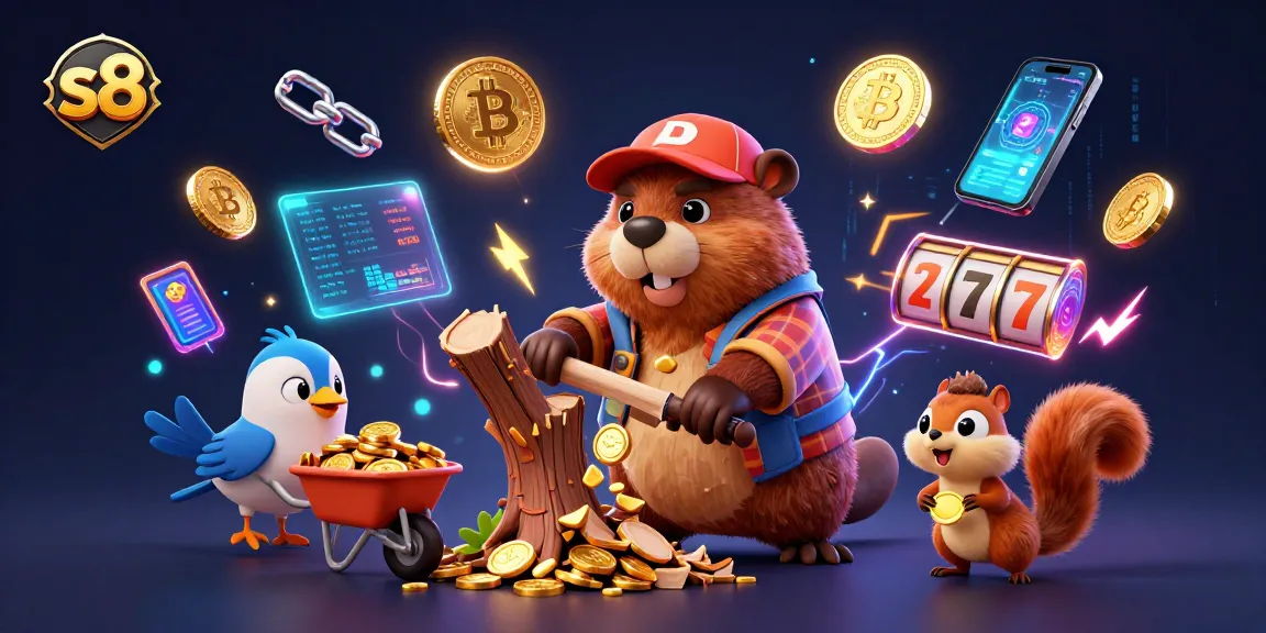 Play slots and win with s8 in a vibrant 3D cartoon casino scene.