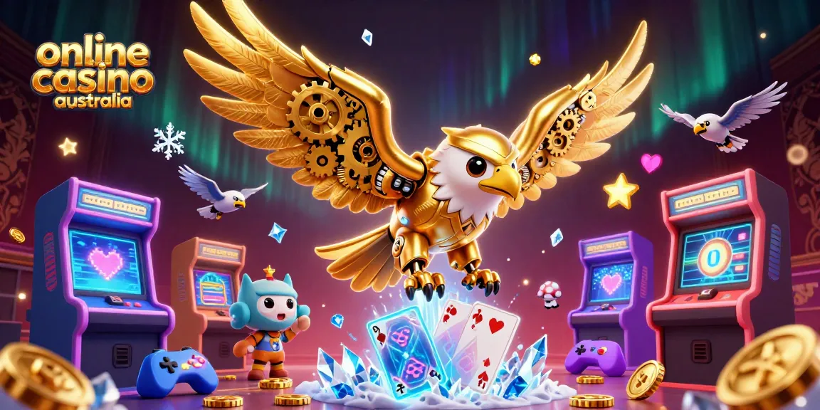 Experience thrilling gameplay at the online casino Australia with a vibrant 3D illustration of a golden eagle and arcade game elements.