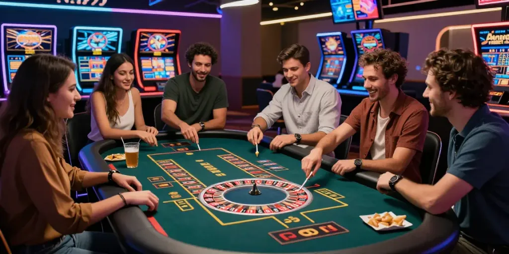Exciting gaming scene with friends at an online casino, highlighting diverse experiences at https://da88z.net/.