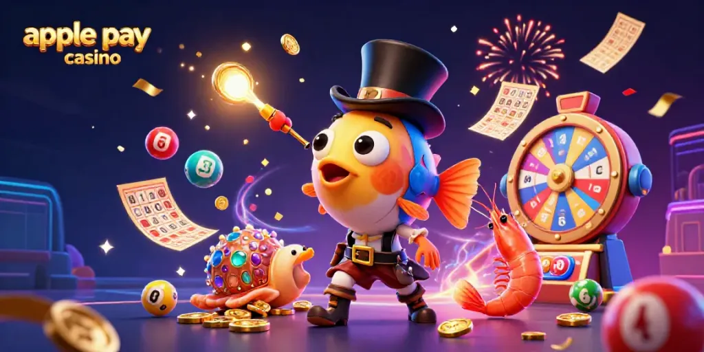 Engaging scene at an apple pay casino with characters attracting golden coins amidst vibrant game elements.