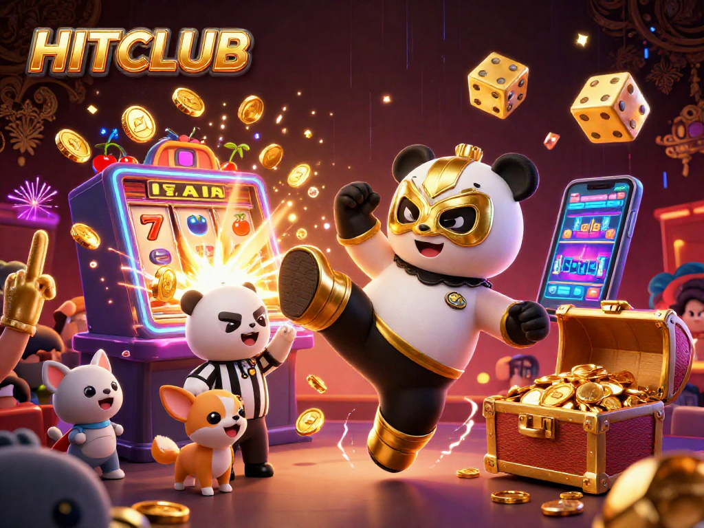 HITCLUB encourages thrilling gaming experiences with a 3D panda wrestler amidst exciting casino elements.