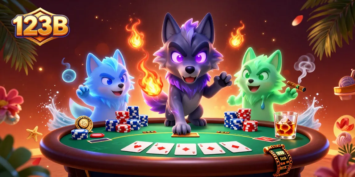 Play poker at 123B with shadow wolves leading the action in this vibrant casino scene.